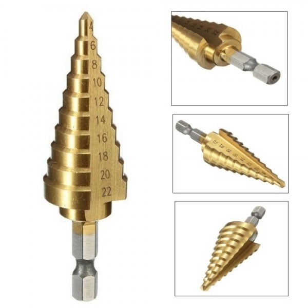 1Pc High-speed Steel Step Cone Dril Bit 4-22MM HSS Hexagonal Shank Titanium Step Cone Drill Bit for Drilling Holes