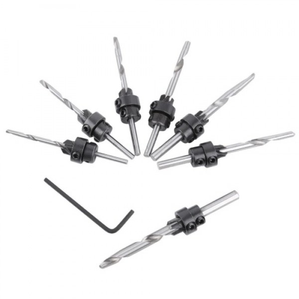 7Pcs Tapered Countersink Drill Bits + Wrench Set Hole Depth Adjustable Woodworking Tool