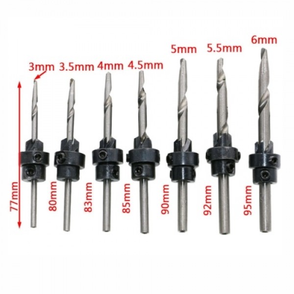 7Pcs Tapered Countersink Drill Bits + Wrench Set Hole Depth Adjustable Woodworking Tool