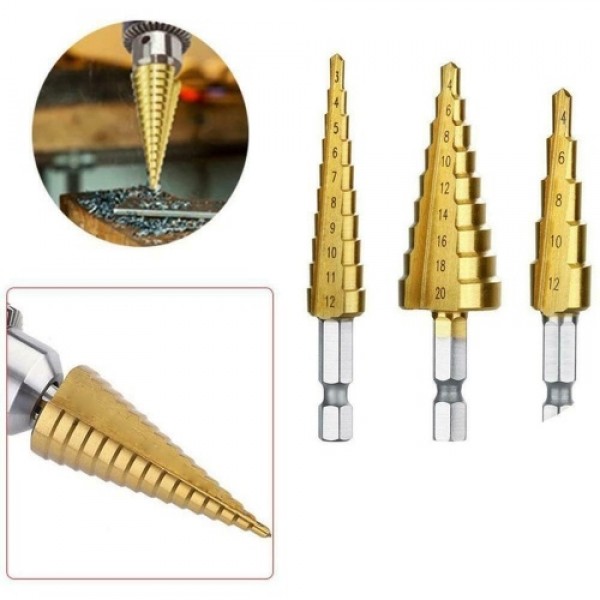 3Pcs/Set Hexagonal Shank High-speed Steel Step Cone Dril Bits 3-12mm/4-20mm/4-12mm Hole Cutter with Pouch