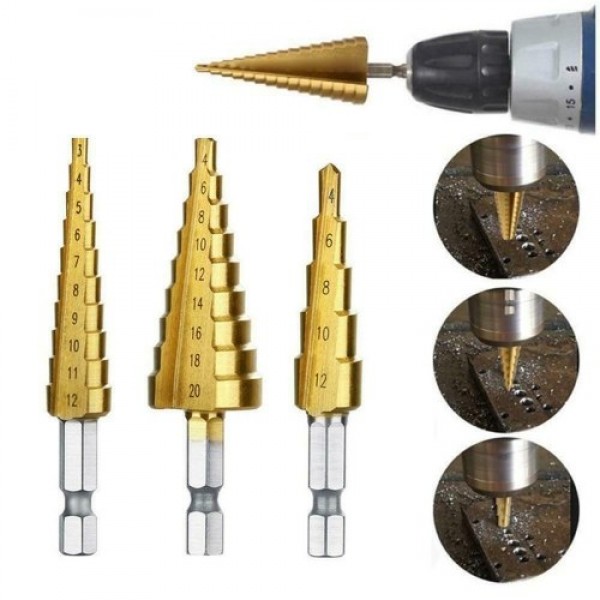 3Pcs/Set Hexagonal Shank High-speed Steel Step Cone Dril Bits 3-12mm/4-20mm/4-12mm Hole Cutter with Pouch
