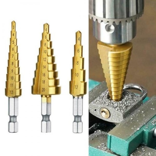 3Pcs/Set Hexagonal Shank High-speed Steel Step Cone Dril Bits 3-12mm/4-20mm/4-12mm Hole Cutter with Pouch