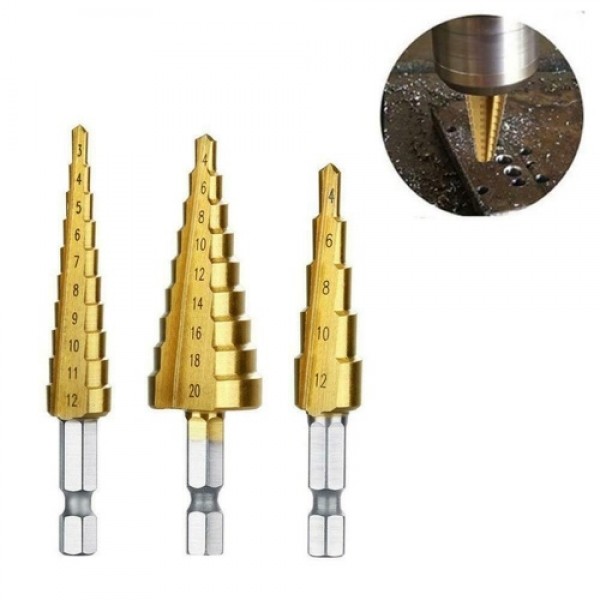 3Pcs/Set Hexagonal Shank High-speed Steel Step Cone Dril Bits 3-12mm/4-20mm/4-12mm Hole Cutter with Pouch