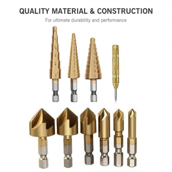 11 Pieces Step Drill Bit Set High-Speed Steel Step Drill Bit Set with Automatic Spring Loaded Center Punch Countersink Drill Bit
