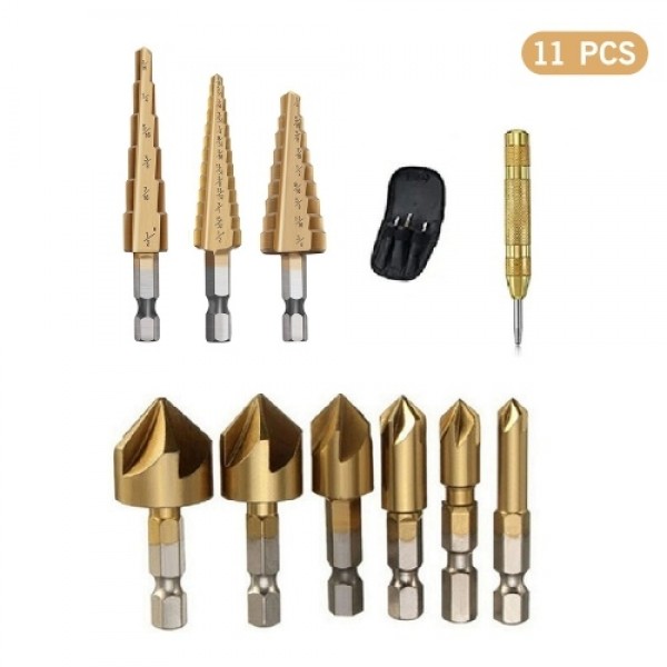 11 Pieces Step Drill Bit Set High-Speed Steel Step Drill Bit Set with Automatic Spring Loaded Center Punch Countersink Drill Bit