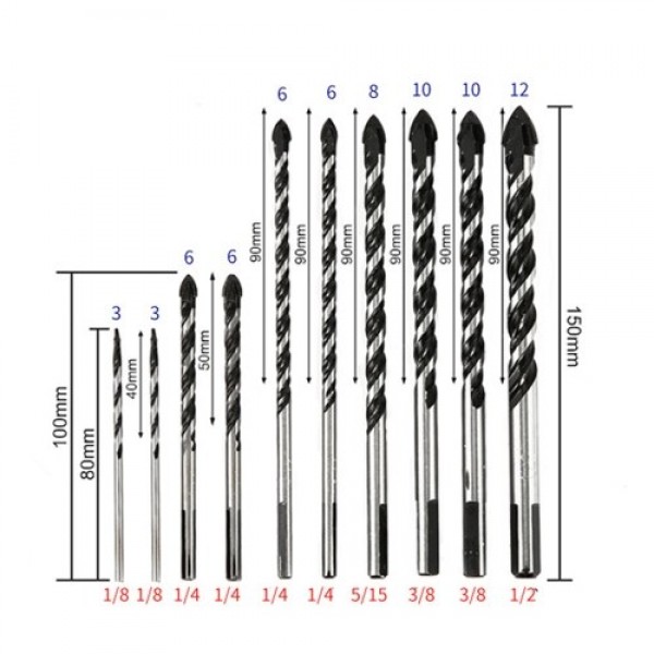 Masonry Drill Bits 10PCS for Tile Brick Glass Plastic Porcelain Marble Wood Ceramic Wall Mirror with 5 6 8 10 12mm Black