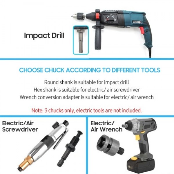 3 PCS Chuck Adapter Conversion Includes Electric Wrench Conversion Socket, Hex Shank, Round Shank