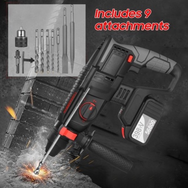 21V Brushless Heavy Duty 4 Function Rotary Hammer Drill 1 Inch SDS-plus Adjustable Grip Handle 980 RPM Cordless Drill Demolition