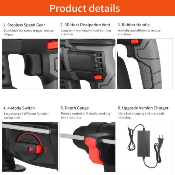 21V Brushless Heavy Duty 4 Function Rotary Hammer Drill 1 Inch SDS-plus Adjustable Grip Handle 980 RPM Cordless Drill Demolition