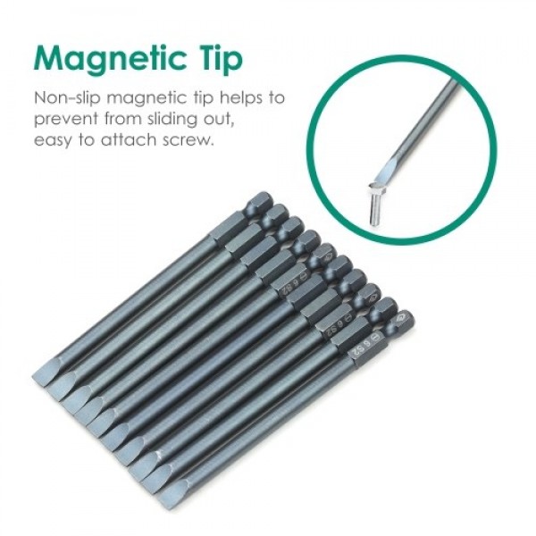 10-Piece Slotted Screwdriver Bit Set 1/4-inch Hex Shank S2 Steel Magnetic Screw Driver Bit Set for Power Screwdriver Electric Ha