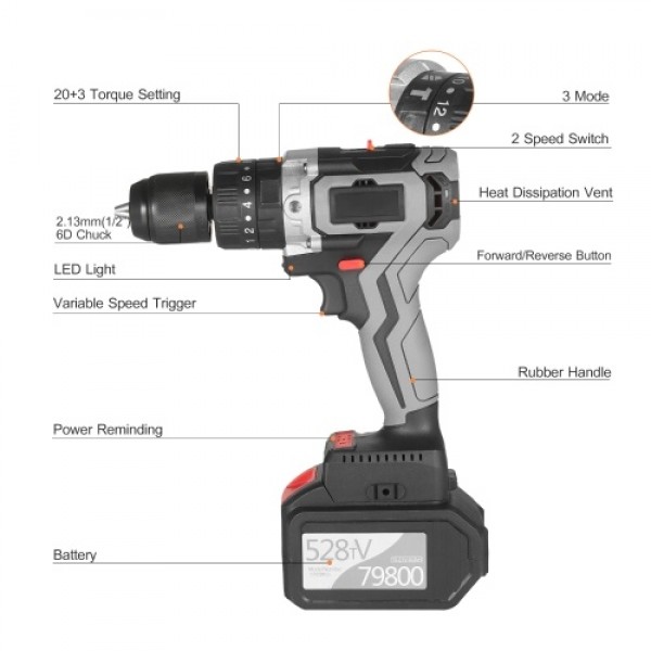 Cordless Drill Driver 21V 6.0A Battery Max Torque 200N.m 1/2 Inch Metal Keyless Chuck 20+3 Position 0-1550RMP Variable Speed Imp