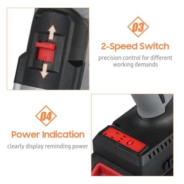 Cordless Drill Driver 21V 6.0A Battery Max Torque 200N.m 1/2 Inch Metal Keyless Chuck 20+3 Position 0-1550RMP Variable Speed Imp