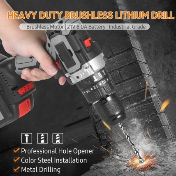 Cordless Drill Driver 21V 6.0A Battery Max Torque 200N.m 1/2 Inch Metal Keyless Chuck 20+3 Position 0-1550RMP Variable Speed Imp