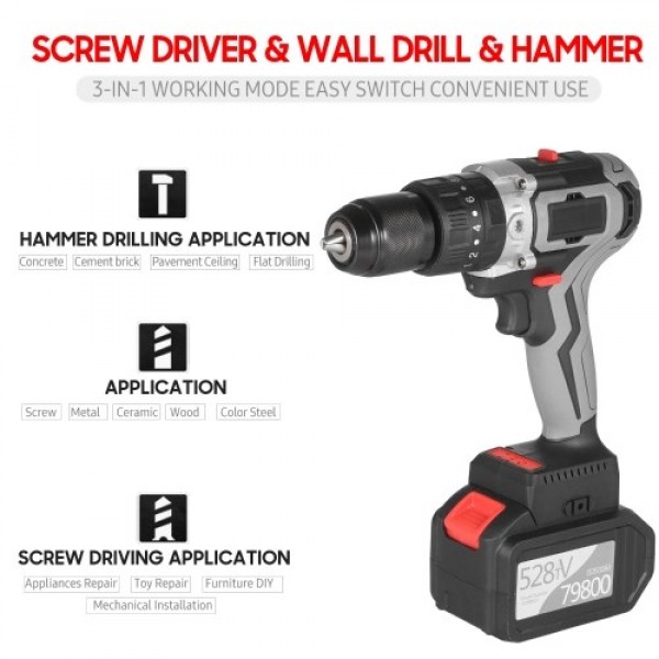 Cordless Drill Driver 21V 6.0A Battery Max Torque 200N.m 1/2 Inch Metal Keyless Chuck 20+3 Position 0-1550RMP Variable Speed Imp