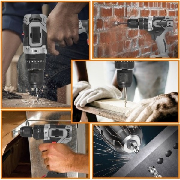 Cordless Drill Driver 21V 6.0A Battery Max Torque 200N.m 1/2 Inch Metal Keyless Chuck 20+3 Position 0-1550RMP Variable Speed Imp