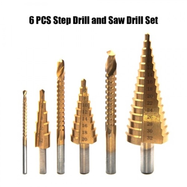 6 PCS Step Drill Bit and Saw Drill Set HSS Drill Bits for Sheet Aluminum Iron Metal Stainless Steel Wood Hole Drilling Expanding