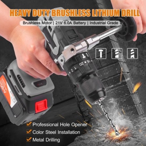 21V 6.0A Cordless Drill Driver Batteries Max Torque 200N.m 1/2 Inch Metal Keyless Chuck 20+3 Position 0-1550RMP Variable Speed I