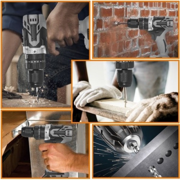 21V 6.0A Cordless Drill Driver Batteries Max Torque 200N.m 1/2 Inch Metal Keyless Chuck 20+3 Position 0-1550RMP Variable Speed I