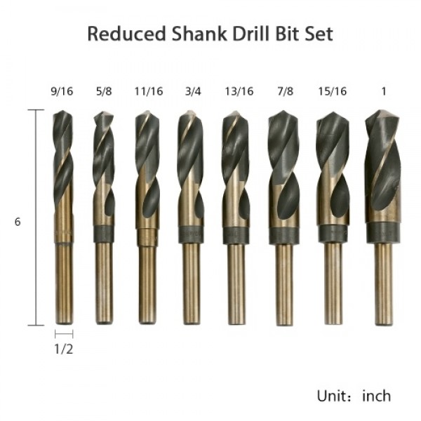 8Pcs 1/2'' Reduced Shank HSS Large Drill Bit Set High-Speed Steel Twist Drill Bits with 9/16in to1in Cutting Edge Diameter