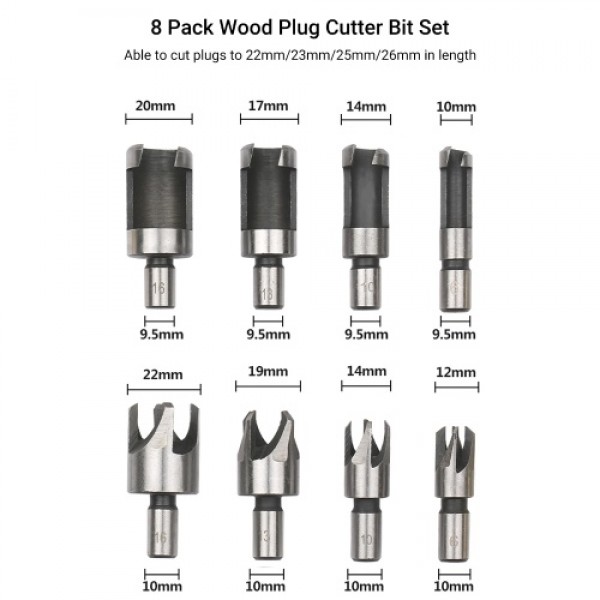 8Pcs Woodworking Chamfer Drilling Tool Wood Plug Cutter Drill Bit Set with 3/8in Round Shank for Wood Drilling or Woodworking Ch