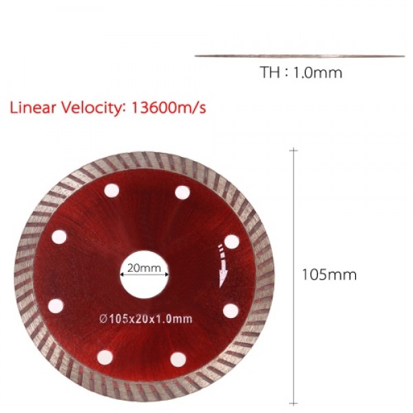 105*1.0*20mm Diamond Cutting Disc Saw Blade Continuous Turbo Diamond Blade with 8 Cooling Holes 20mm Inner Diameter Ceramic Inci