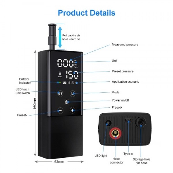 Portable Car Air Pump 150PSI Rechargeable Air Compressor Touchscreen Electric Tire Inflator with LED Light Pressure Detection Au