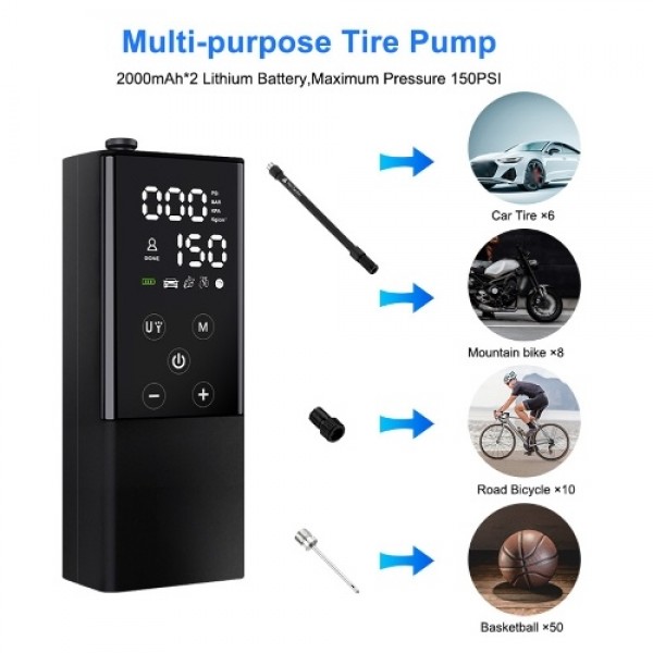 Portable Car Air Pump 150PSI Rechargeable Air Compressor Touchscreen Electric Tire Inflator with LED Light Pressure Detection Au