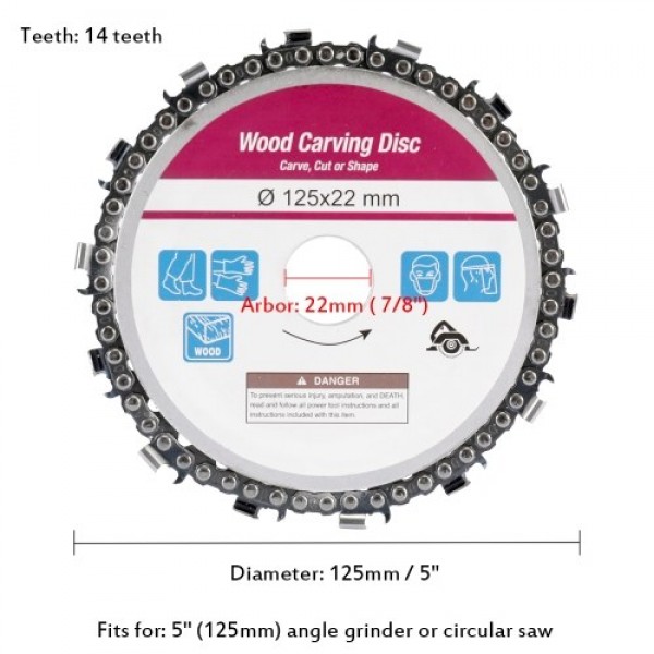 5 Inch 14 Teeth Grinder Chain Disc 22mm Arbor Woodworking Carving Disc for 125mm Angle Grinder and Circular Saw