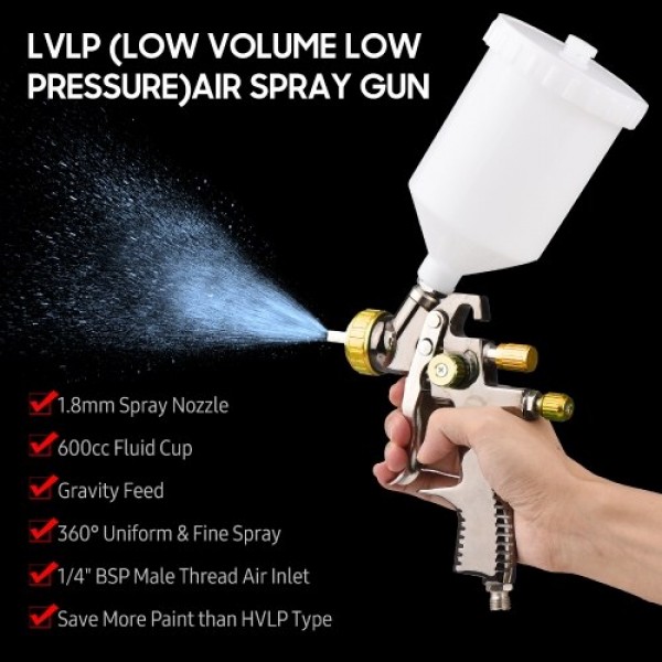 LVLP 1.8mm Air Spray Gun Kit 600cc Fluid Cup Gravity Feed Air Paint Sprayer Mini Handheld 360-degree Paint Spraying Gun for Car 
