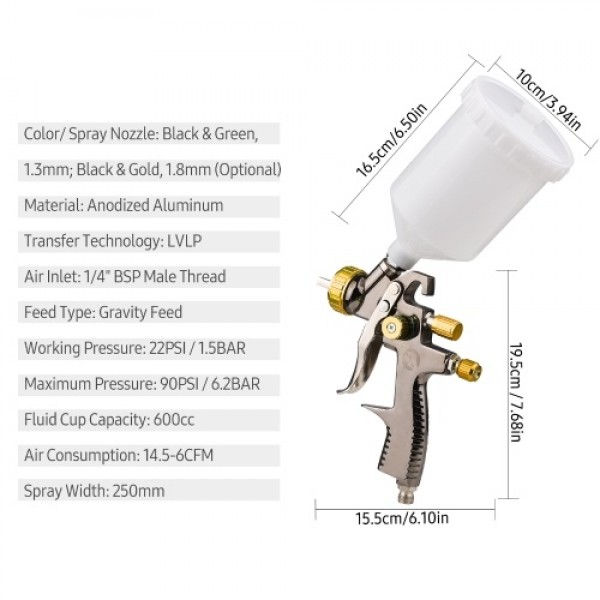LVLP 1.8mm Air Spray Gun Kit 600cc Fluid Cup Gravity Feed Air Paint Sprayer Mini Handheld 360-degree Paint Spraying Gun for Car 