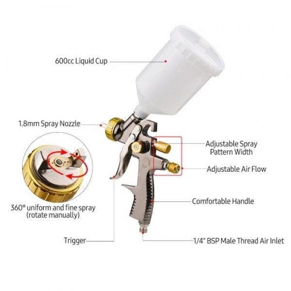 LVLP 1.8mm Air Spray Gun Kit 600cc Fluid Cup Gravi...