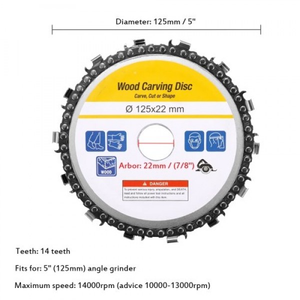 5 Inch 14 Teeth Grinder Chain Disc 22mm Arbor Woodworking Carving Disc for 125mm Angle Grinder and Circular Saw