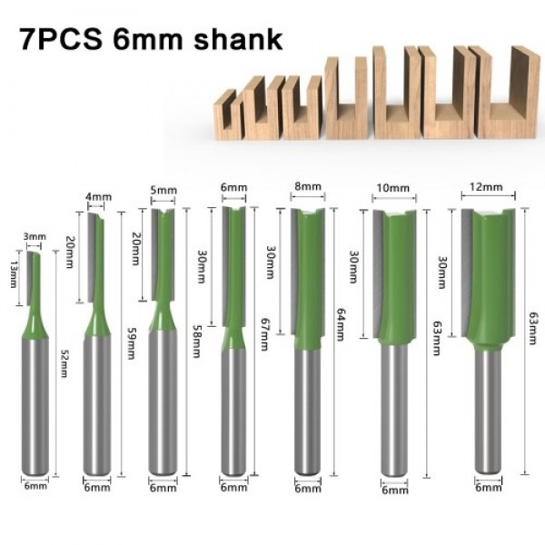 7PCS Router Bits Set 6.35mm (1/4 Inch) Shank 3 4 5 6 8 10 12mm Blade Diameter Double Flute Straight Bit for Woodworking Milling 