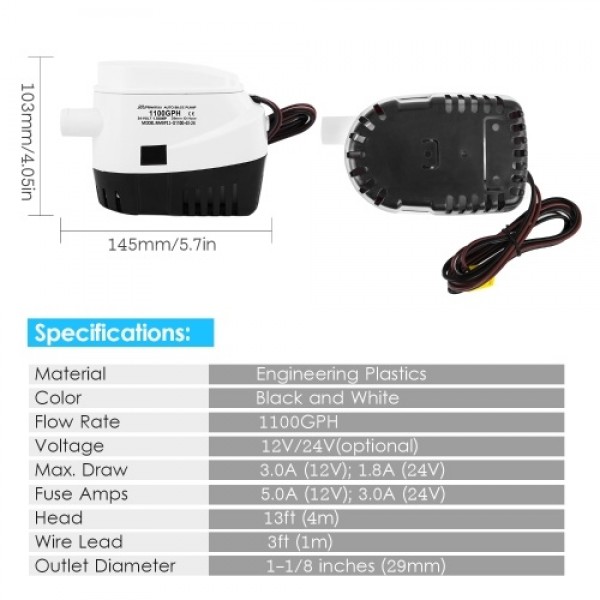 1100 GPH Automatic Bilge Pump 24V DC Submersible Water Pump RV Boat Marine Pump with 1-1/8 Inches Outlet (29mm)  for Removing Bi