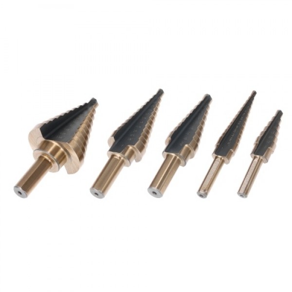 5pcs High Speed Steel 4241 Step Drill Bit Set Kit Round Shank Pagoda T-wist Drills Drilling Tool with Storage Box for Workpiece 