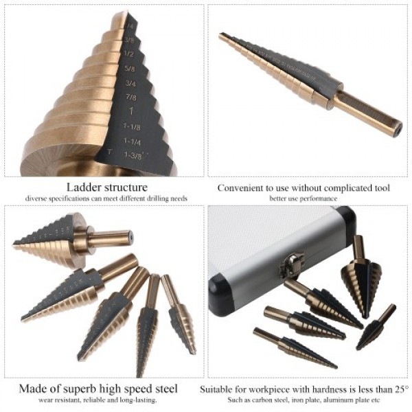 5pcs High Speed Steel 4241 Step Drill Bit Set Kit Round Shank Pagoda T-wist Drills Drilling Tool with Storage Box for Workpiece 