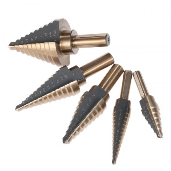 5pcs High Speed Steel 4241 Step Drill Bit Set Kit Round Shank Pagoda T-wist Drills Drilling Tool with Storage Box for Workpiece 
