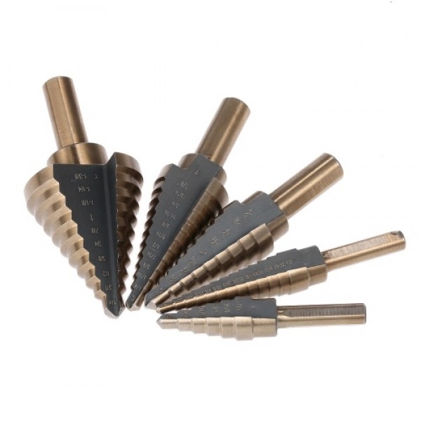 5pcs High Speed Steel 4241 Step Drill Bit Set Kit Round Shank Pagoda T-wist Drills Drilling Tool with Storage Box for Workpiece 