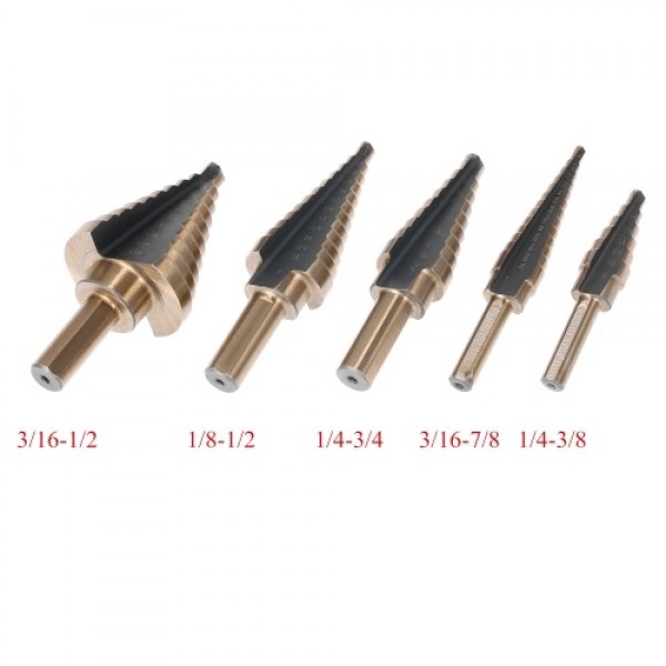 5pcs High Speed Steel 4241 Step Drill Bit Set Kit Round Shank Pagoda T-wist Drills Drilling Tool with Storage Box for Workpiece 