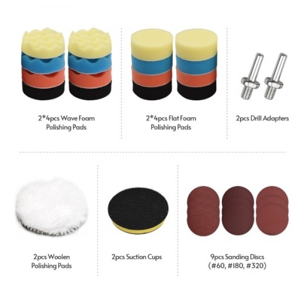 31Pcs Polishing Pads Kit 3 Inches Drill Buffer Attachment with Sanding Papers Sanding Waxing for Automobiles Yachts