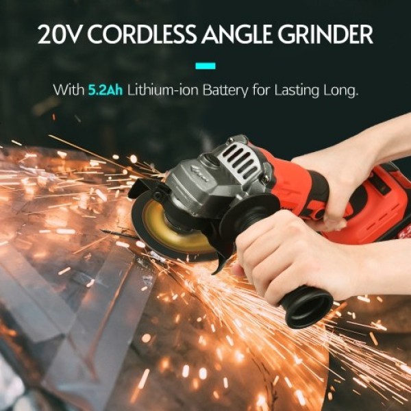 20V Cordless Angle Grinder Electric Angle Grinder Tool 100mm 10000RPM Brushless Motor 2-Position Adjustable Auxiliary Handle Sto