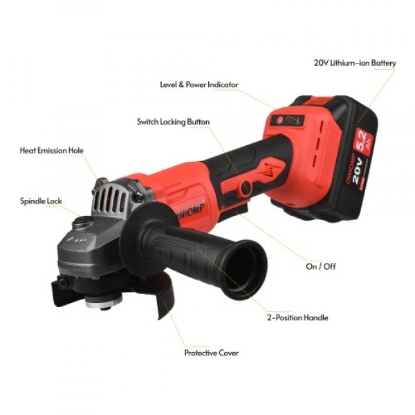 20V Cordless Angle Grinder Electric Angle Grinder Tool 100mm 10000RPM Brushless Motor 2-Position Adjustable Auxiliary Handle Sto
