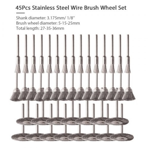45-Pieces Stainless Steel Wire Brush Wheel Set 1/8'' Shank Wire Brush 10/15/25mm Diameter Brush Wheel for Polishing Grinding
