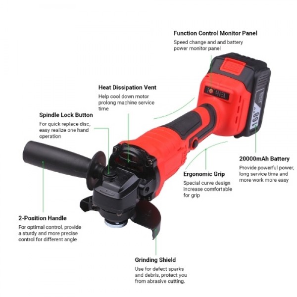 21V Brushless Cordless Angle Grinder 11000RPM Handhel Electric Grinder with 2pcs 20.0Ah Lithium-Ion Battery and Tool Box