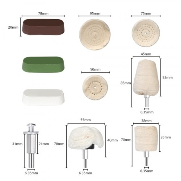 11pcs 6.35 Shank Lint Polishing Wheel Polishing Tool Kit with 3pcs Rouge Compound Buffing Wheel Polishing Pad Tools with Glove f