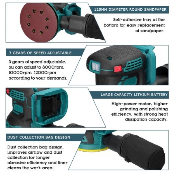 Cordless Electric Sander 8000/10000/12000rpm 3 Speed Gears Adjustable Wood Grinder Polisher Multifunctional Polishing Grinding M