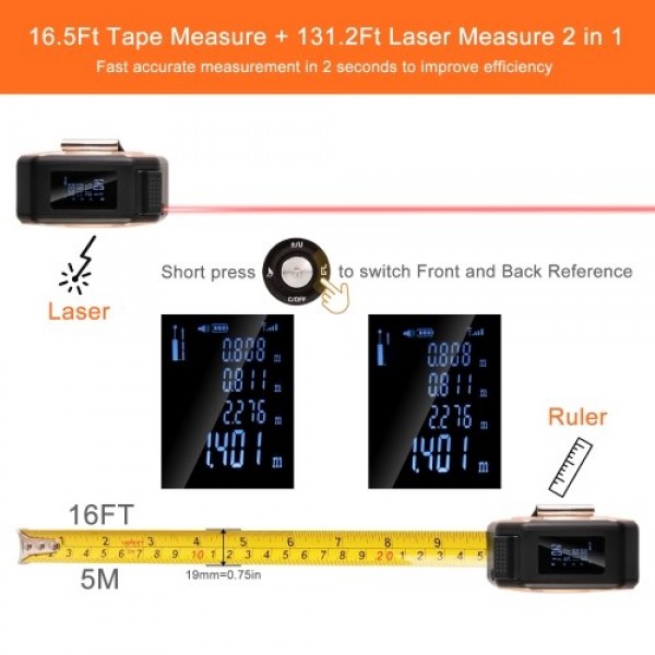 Infrared Electronic Tape Measure, 2-in-1 Handheld Electronic Rangefinder Measure Automatic Calibration 131.2Ft Infrared Measure 