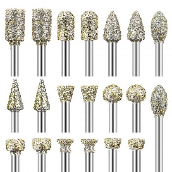 20pcs Diamond Burr Set Rotary Grinding Burrs Drill Bits Set with 1/8 Inch 3mm Shank Stone Carving Accessories Universal Fitment 