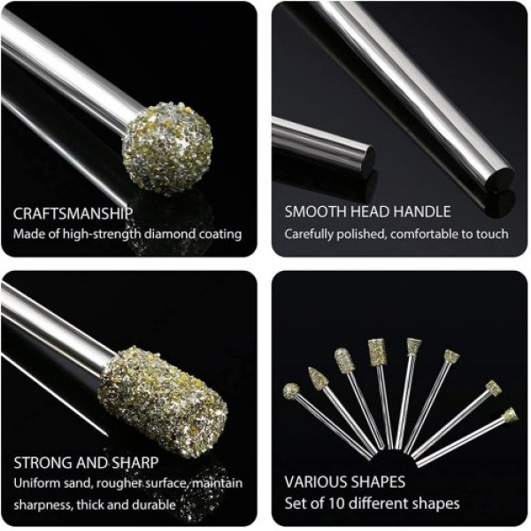 20pcs Diamond Burr Set Rotary Grinding Burrs Drill Bits Set with 1/8 Inch 3mm Shank Stone Carving Accessories Universal Fitment 