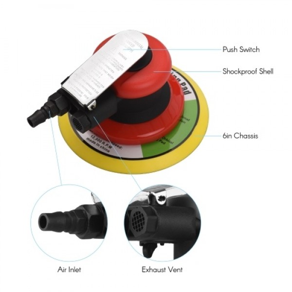 Pneumatic Sander 6 Inch Polishing Sanding Waxing for Car Wall Wood Metal 13500RPM Red